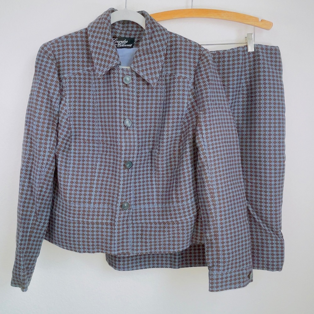 Lourdes Chavez Skirt Suit Set Geometric Blue Brown Button Front See Measurements
